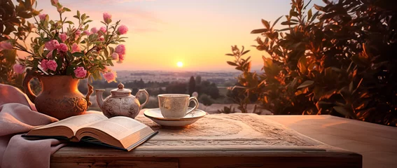 Stof per meter Morning landscape overlooking a lush valley and traditional tea service on a wooden table with white tablecloth, roses in bloom, and sunrise in the background. Travel, home comfort, relaxation © stateronz