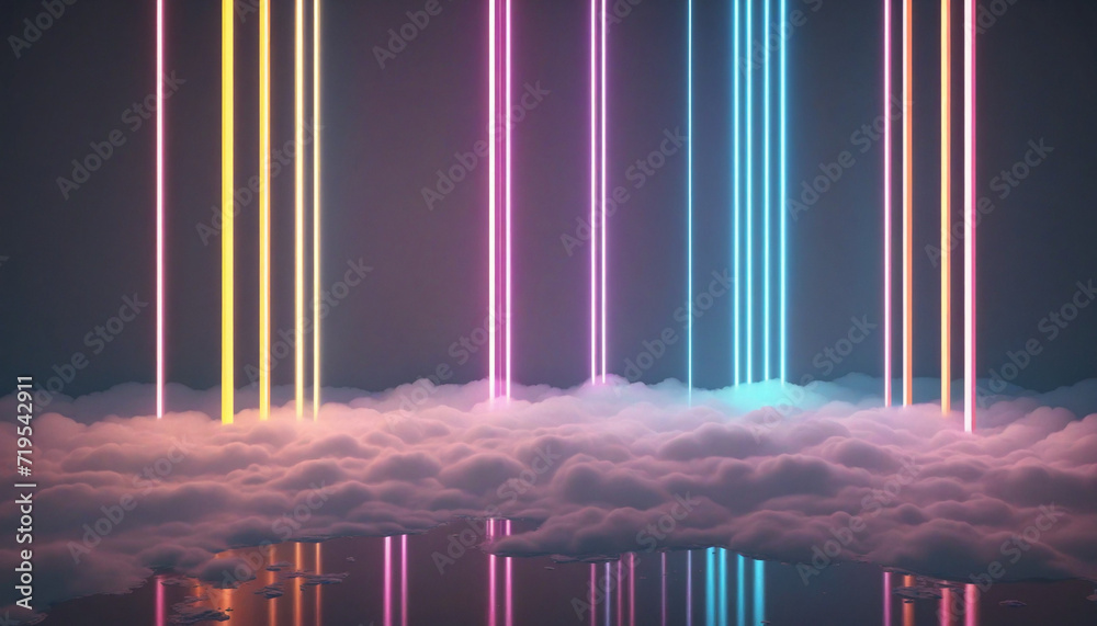 Wall mural abstract minimalist 3d render with neon vertical lines and colorful glowing clouds