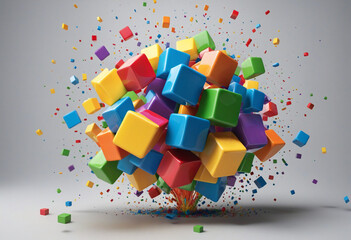 Colorful Cubes Emerge on Grey Background - Concept of Creativity - Abstract 3D Rendering of Vibrant Cubes in Motion