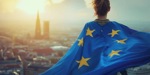 Deurstickers Frau mit europäischer Flagge © stockmotion