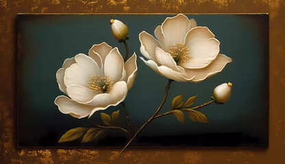 A painting of two white flowers on a blue and gold background