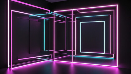 3d render. Abstract geometric background of square neon linear frames glowing in the dark....
