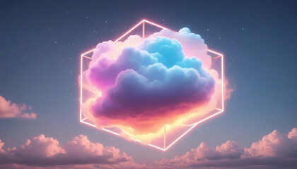 3d render, geometric rhombus shape glows with neon light inside the soft colorful cloud isolated on...