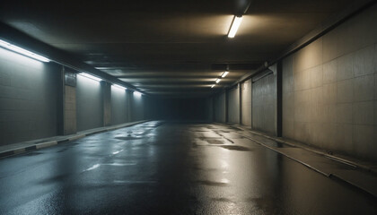 Dark underground parking garage or dimly lit alleyway. Damp pavement with illuminated walls. Notorious for criminal activity and late-night shenanigans. Creative technology used for inspiration. - obrazy, fototapety, plakaty