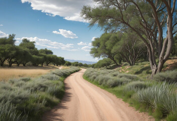 Scenic dirt path winds through lush nature under open sky