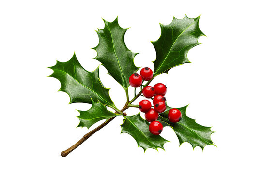 Sprig of European holly berry isolated on transparent or white background, christmas png