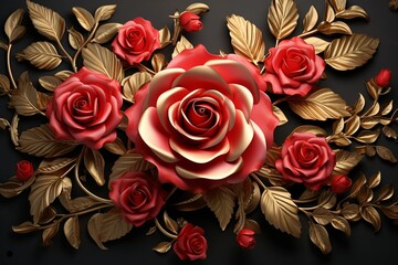 Decorative rose flower leaves bouquet and botanical floral arrangement seamless pattern background 3d render