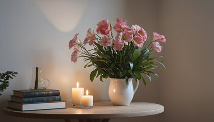 Natural plant table decoration with candle and floral arrangement