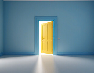 Yellow light streaming through open doorway against blue backdrop. Architectural detail with modern minimalist aesthetic, symbolizing opportunity.