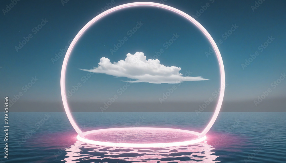 Wall mural abstract 3d background with glowing neon round frame and floating white cloud, reflecting in water. 