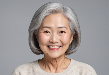 Portrait of elderly Asian woman with grey hair smiling and making eye contact, standing against neutral backdrop.