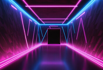 Fototapeta premium Colorful neon lights in abstract background. Pink and blue glowing lights in tunnel or corridor. LED technology and laser lines illuminate dark room, creating a cyber club atmosphere. Neon light stage