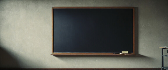 An aged black chalkboard in a weathered and dimly lit classroom.