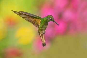 Buff-tailed Coronet (Boissonneaua flavescens), Best humminbird in Ecuador. Wildlife scene from nature. Birdwatching in South America, humminbird in flight, pastel background
