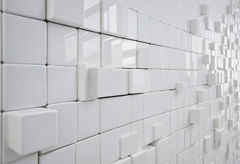 Abstract composition with an intriguing and dynamic arrangement of white cubes or squares.