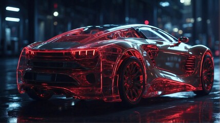 transparent futuristic sports car on neon highway lights on street. Powerful acceleration of a supercar with colorful lights trails. Generative AI - obrazy, fototapety, plakaty