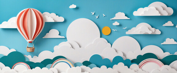Sky landscape paper art with hot air balloon, sun & clouds for baby nursery & children design