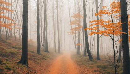 Obraz premium Autumn scene with misty orange forest trees.