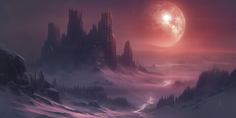 Alien winter sunrise landscape