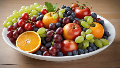 Artificial intelligence created a variety of fresh fruit bowls filled with grapes, apples, tomatoes, oranges, blueberries, and cranberries