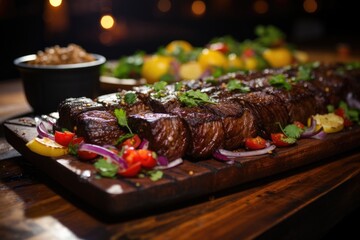 Skirts of juicy picanha, on a rustic wood plate, in a country restaurant., generative IA