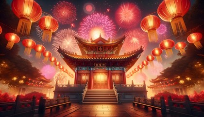 Fototapeta premium Lunar new year celebration background with temple and fireworks.