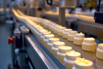 Open jars of yellow cream smoothly progress down a cosmetics factory production line, automated machinery in the background. efficiency in high-volume skincare production.