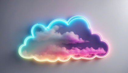 3d render, geometric lightning sign glows with neon light inside the colorful cloud isolated on white background, fantasy sky. Stormy cumulus with geometric shape