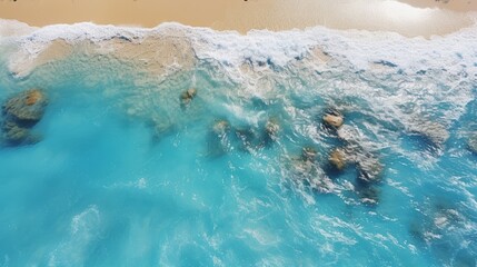 Aerial view of beautiful tropical beach with turquoise sea water and white sand
