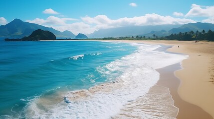 Beautiful beach with turquoise water and mountains in the background