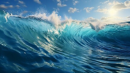 Blue ocean wave with splashes and sun. 3d render illustration - obrazy, fototapety, plakaty