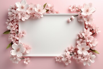 Decorative sakura cherry blossom flower with botanical floral frame background 3d render