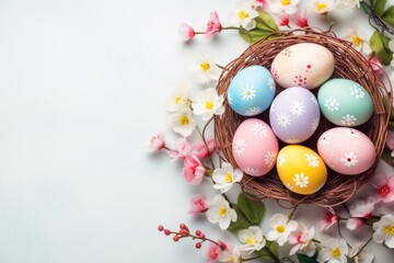 Colorful easter eggs with flowers in a basket