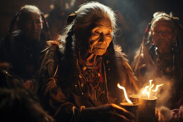 Elder shaman conducts purification with herbal smoke in a sacred ceremony., generative IA