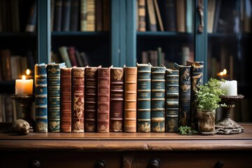 Spiritist books aligned with a bright shelf., generative IA