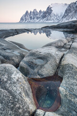 Scenery of Majestic snow mountain and calm sea at Senja Island, Norway
Devil's Teeth mountains, Tungeneset, Okshornan, Senja, Norway