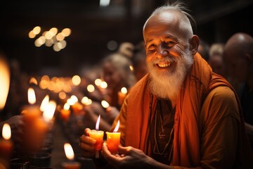 Obraz premium Faithful in prayer, leader in the center, transcendental environment., generative IA