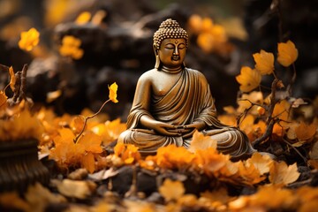 Buddha enlightened under golden tree, surrounded by symbols and serene nature., generative IA