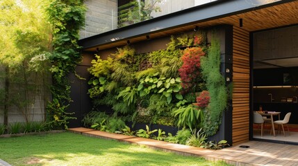 Cozy terrace of modern eco-style house with vertical garden. Panoramic windows, comfortable furniture, landscape design. Contemporary architecture concept for private residential houses.