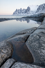Scenery of Majestic snow mountain and calm sea at Senja Island, Norway
Devil's Teeth mountains, Tungeneset, Okshornan, Senja, Norway