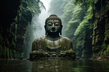 Colossal Leshan Buddha: Serenity carved in the mountains., generative IA