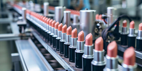 An array of lipsticks in red and pink hues are precisely organized on a production line in a cosmetics factory. efficient, modern production, beauty and fashion marketing.