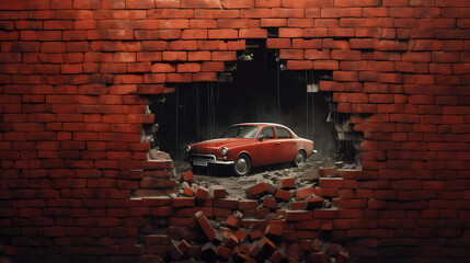 A red car is breaking through a brick wall
