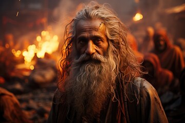 Obraz premium Colorful crowds and tents merge by the river in the spiritual kumble., generative IA