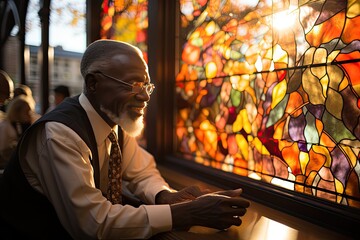 Pastor advises faithful to color stained glass and emotional expressions., generative IA - obrazy, fototapety, plakaty