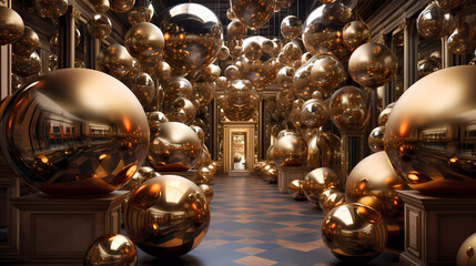 A room filled with lots of mirrors and balls