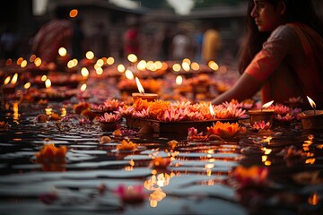 Devotees in rituals on the banks of the ganges, offerings and prayers in candlelight., generative IA - obrazy, fototapety, plakaty