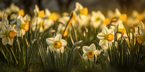 Yellow Daffodil in the growing spring grass, Saint David's Day, Dewi Day, flower of Wales, in soft golden sun - Powered by Adobe