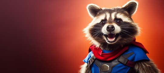 Close up portrait of a raccoon in a superman costume wearing glasses. Funny character for your game or story	