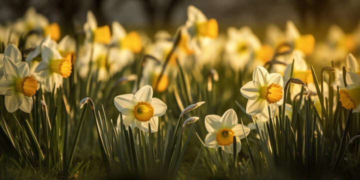 Yellow Daffodil in the growing spring grass, Saint David's Day, Dewi Day, flower of Wales, in soft golden sun